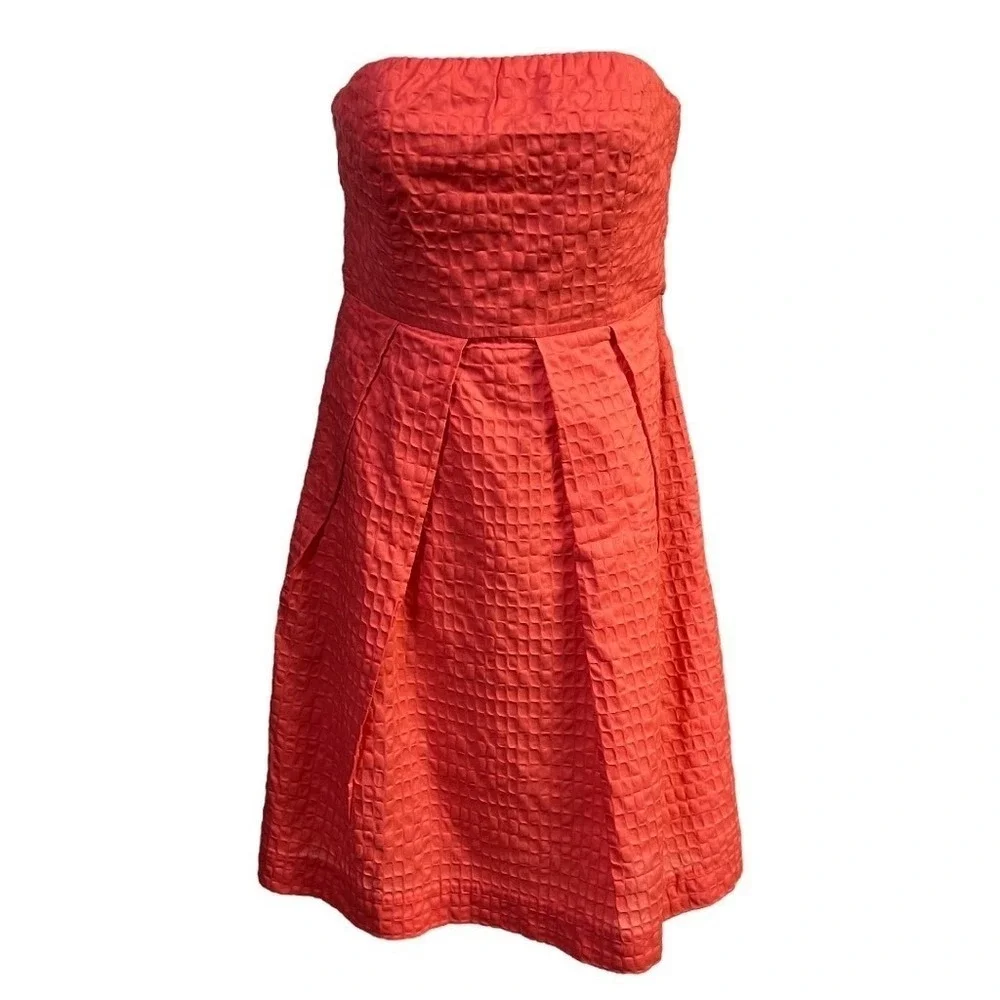 J.Crew Coral Orange Strapless Waffle Weave Cotton Dress 10 Fit Flare Wedding